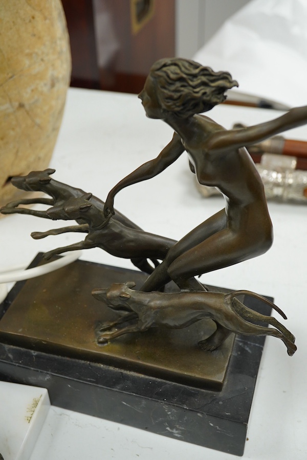 after Josef Lorenzl, a bronze model of Diana and a bronze ‘swallow’ lamp. Base signed H. Vriue